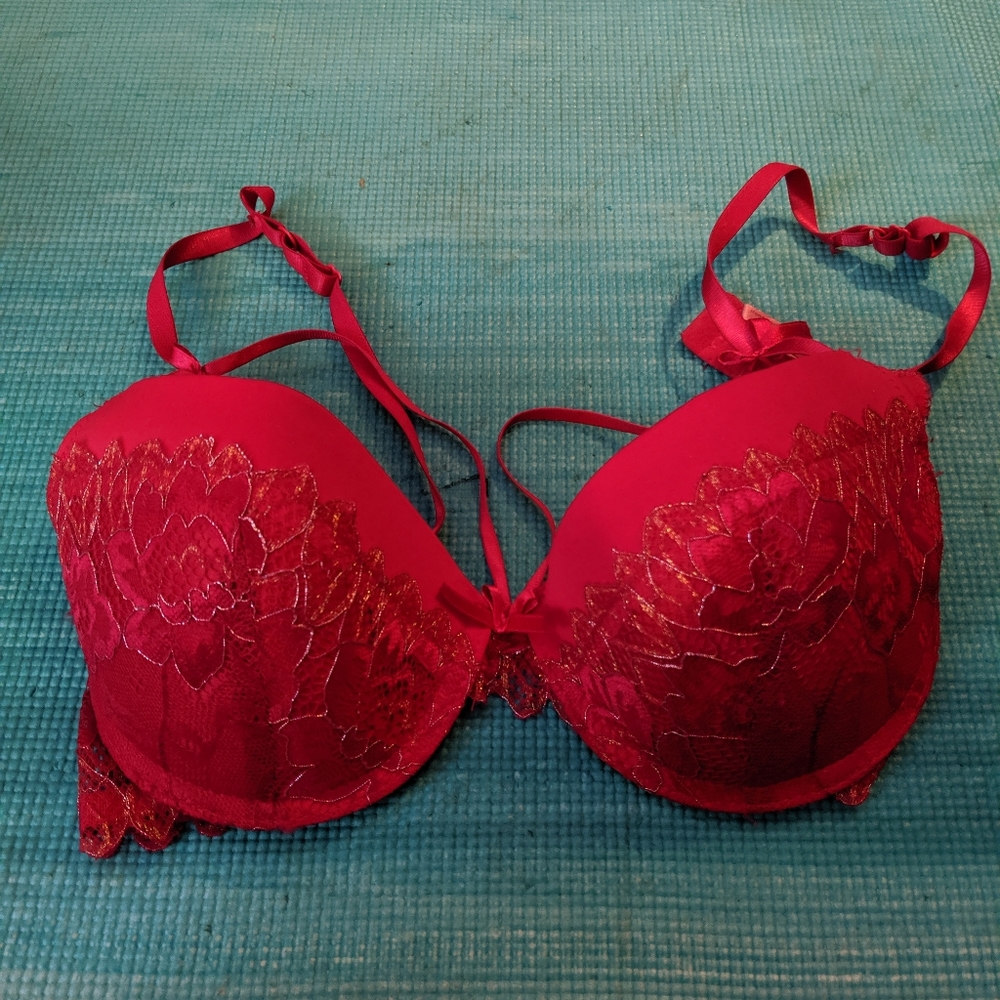 Red bra with lace work, no lace is popped.